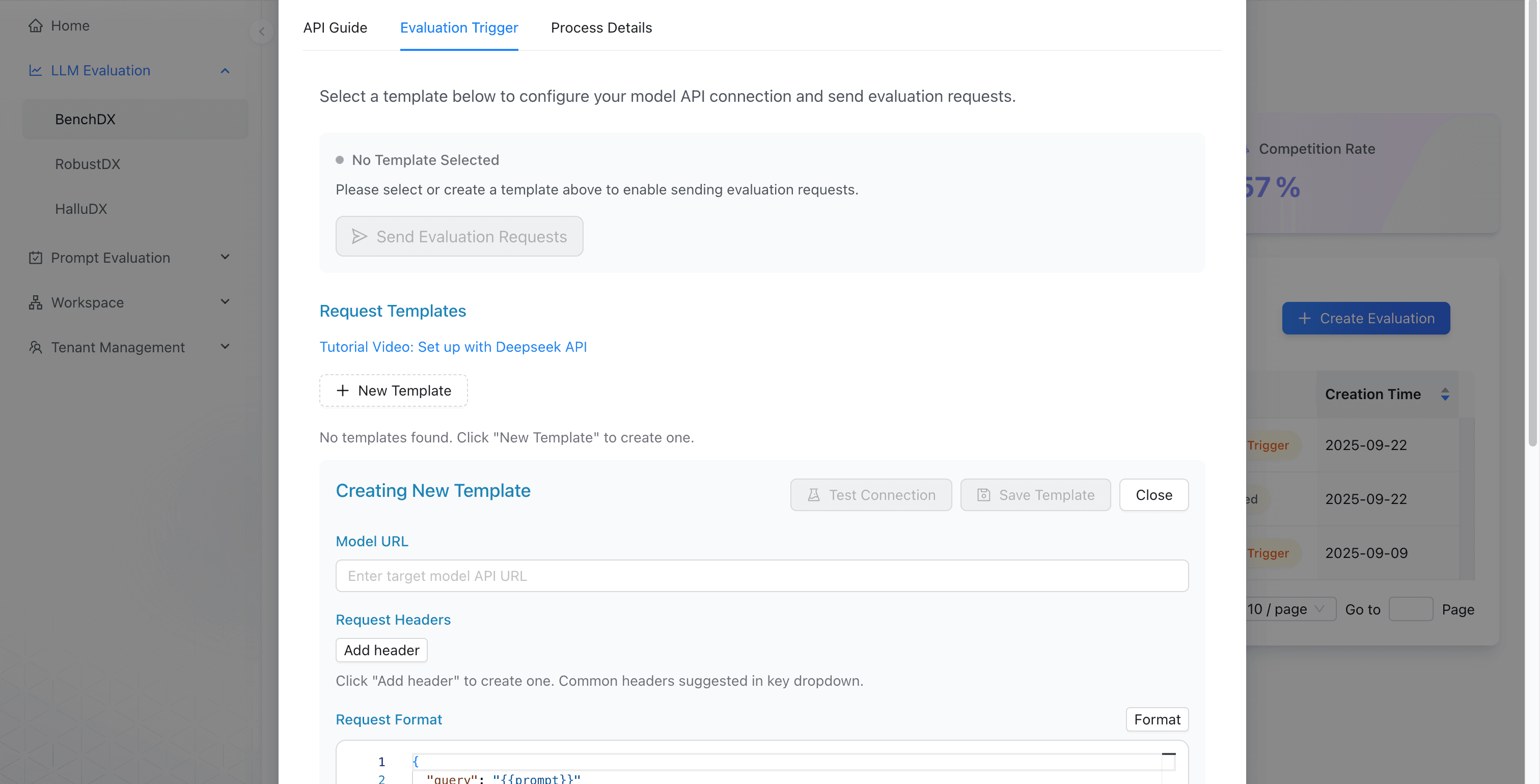 Evaluation Trigger tab showing New Template, Model URL, Request Headers, Request Format, Test Connection, Save Template, and Send Evaluation Requests controls.