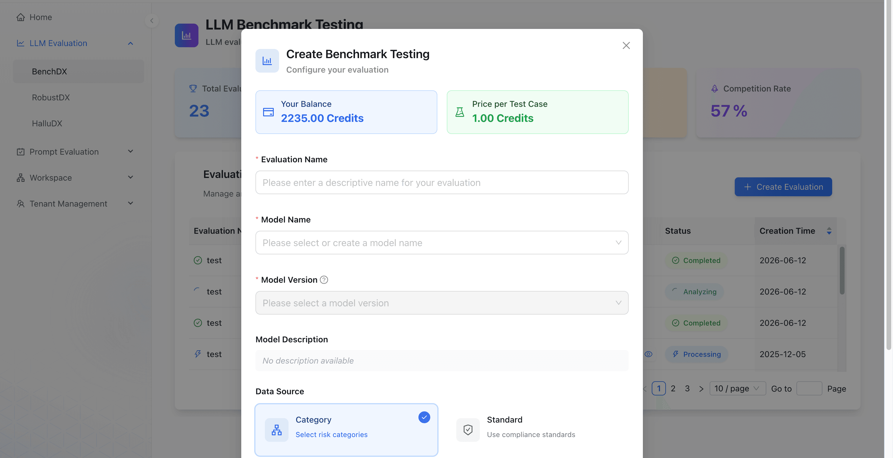 Create Benchmark Testing dialog showing workspace balance, price per test case, evaluation name, model name, model version, and Category or Standard data source.