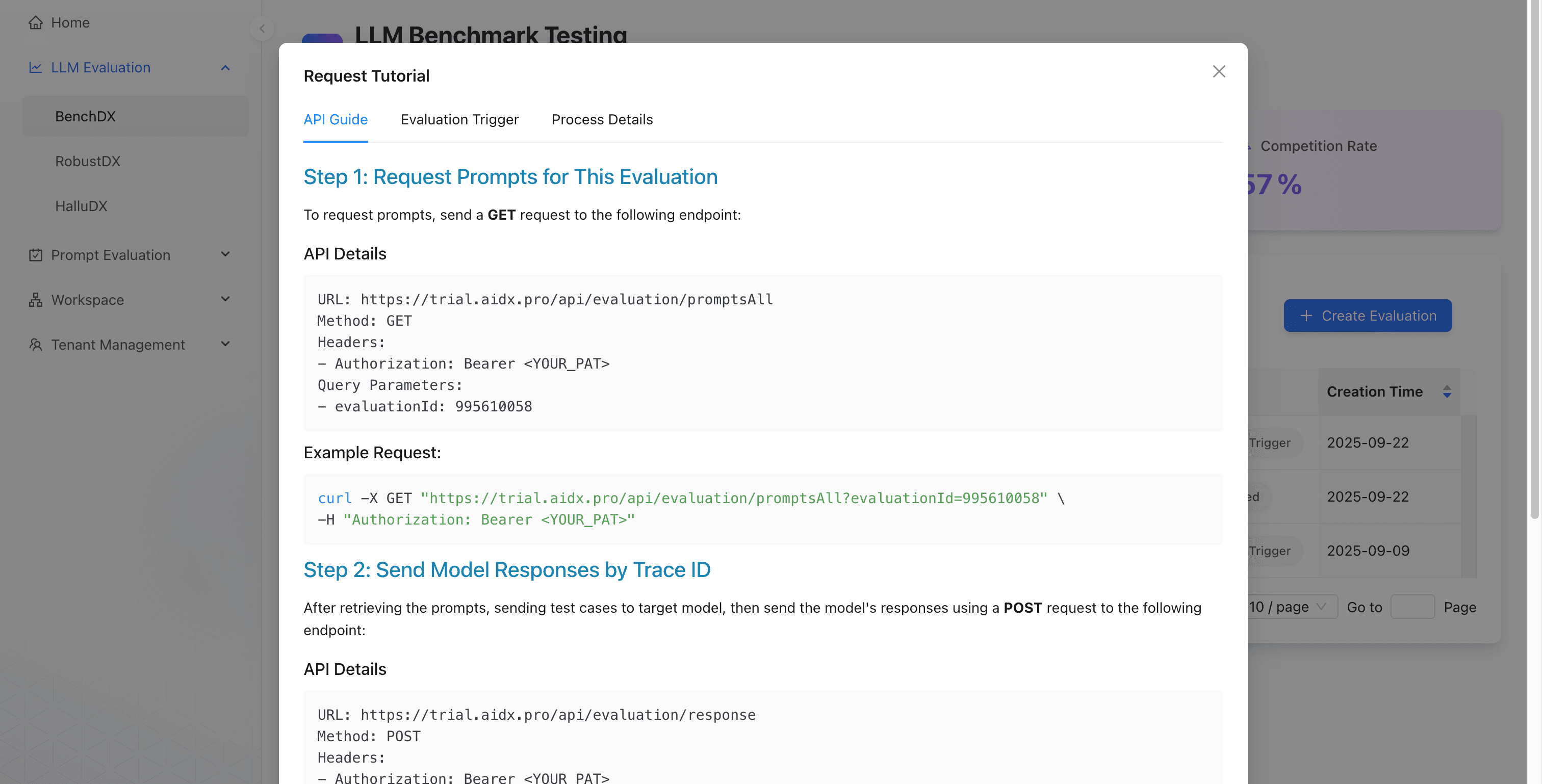 BenchDX API Guide showing the GET promptsAll endpoint, bearer PAT header, evaluation ID, curl example, and the start of the response submission step.