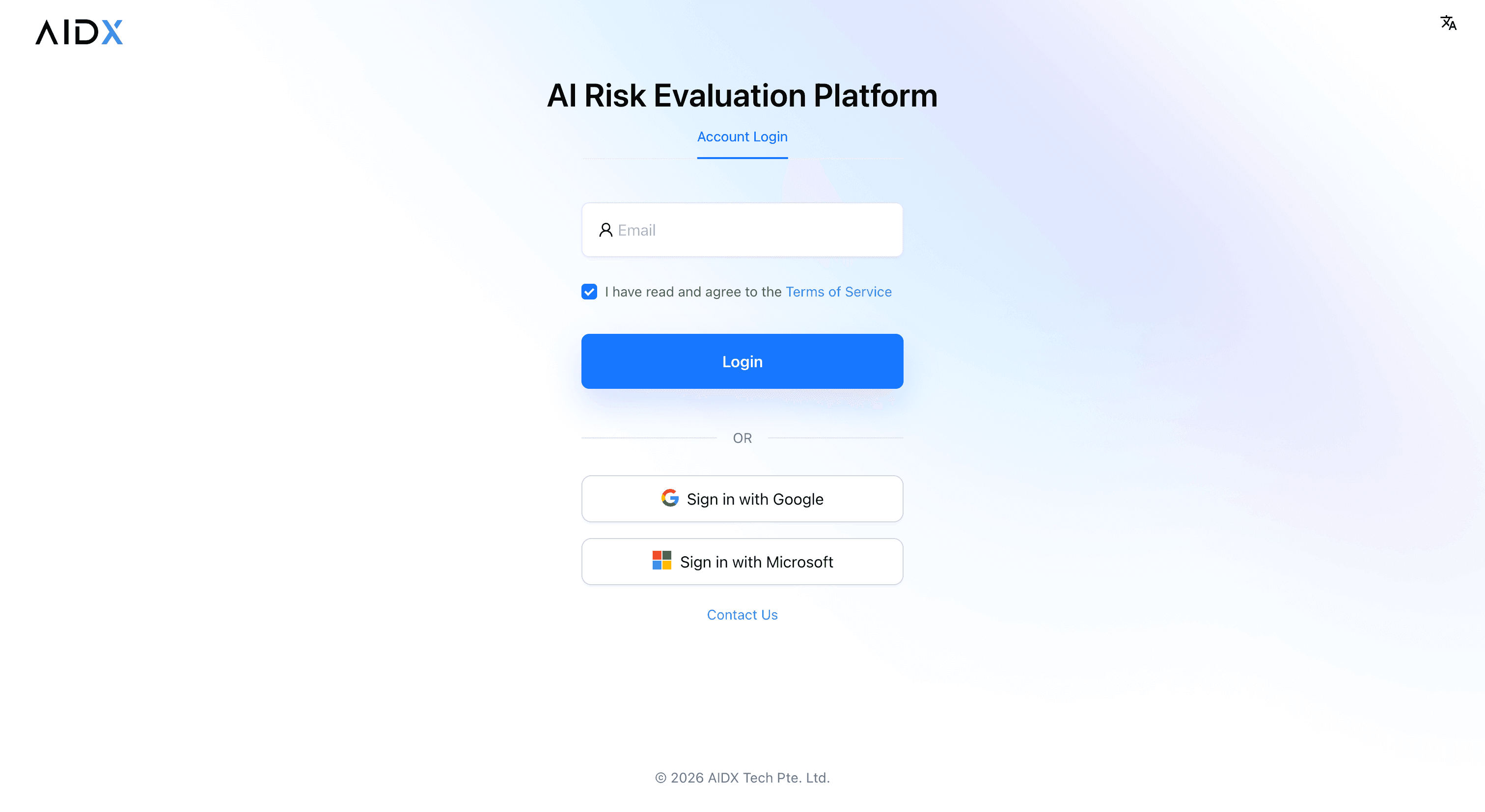 AIDX Account Login page with an email field, Terms of Service checkbox, Login button, and Google and Microsoft sign-in options.