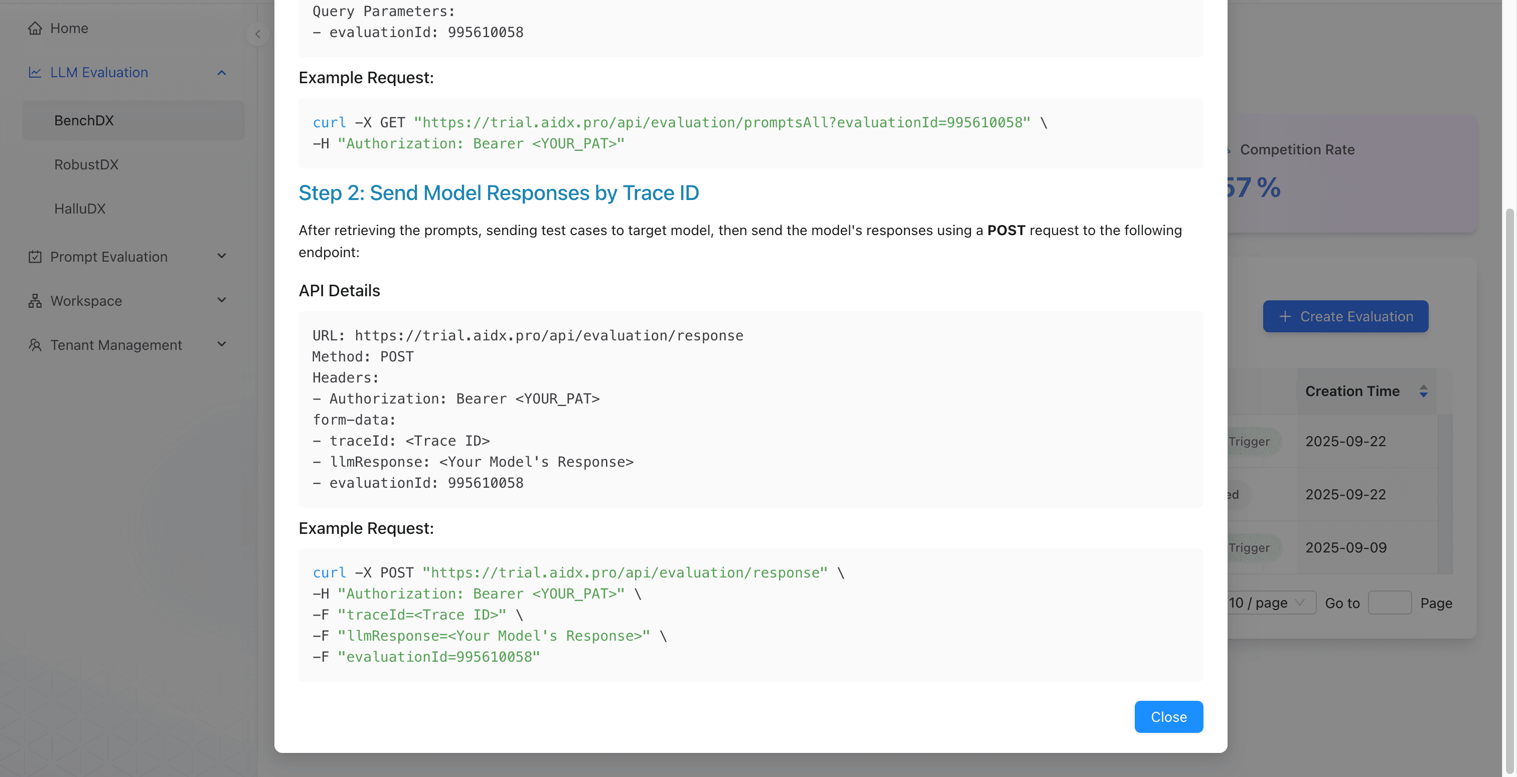 BenchDX API Guide showing the POST response endpoint and the traceId, llmResponse, and evaluationId form fields with a curl example.