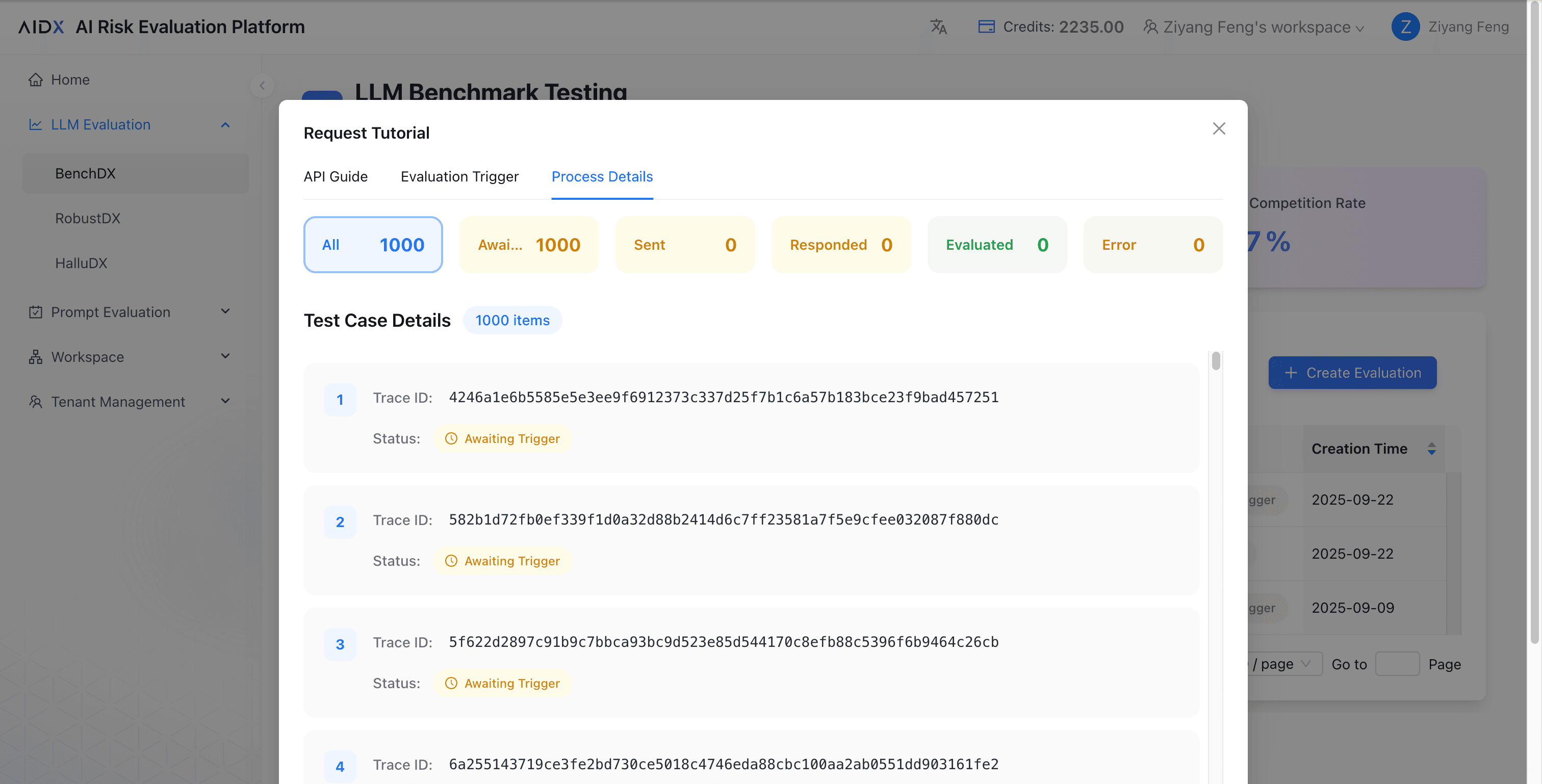 Process Details tab showing counts for Awaiting Trigger, Sent, Responded, Evaluated, and Error, followed by trace-level test cases.
