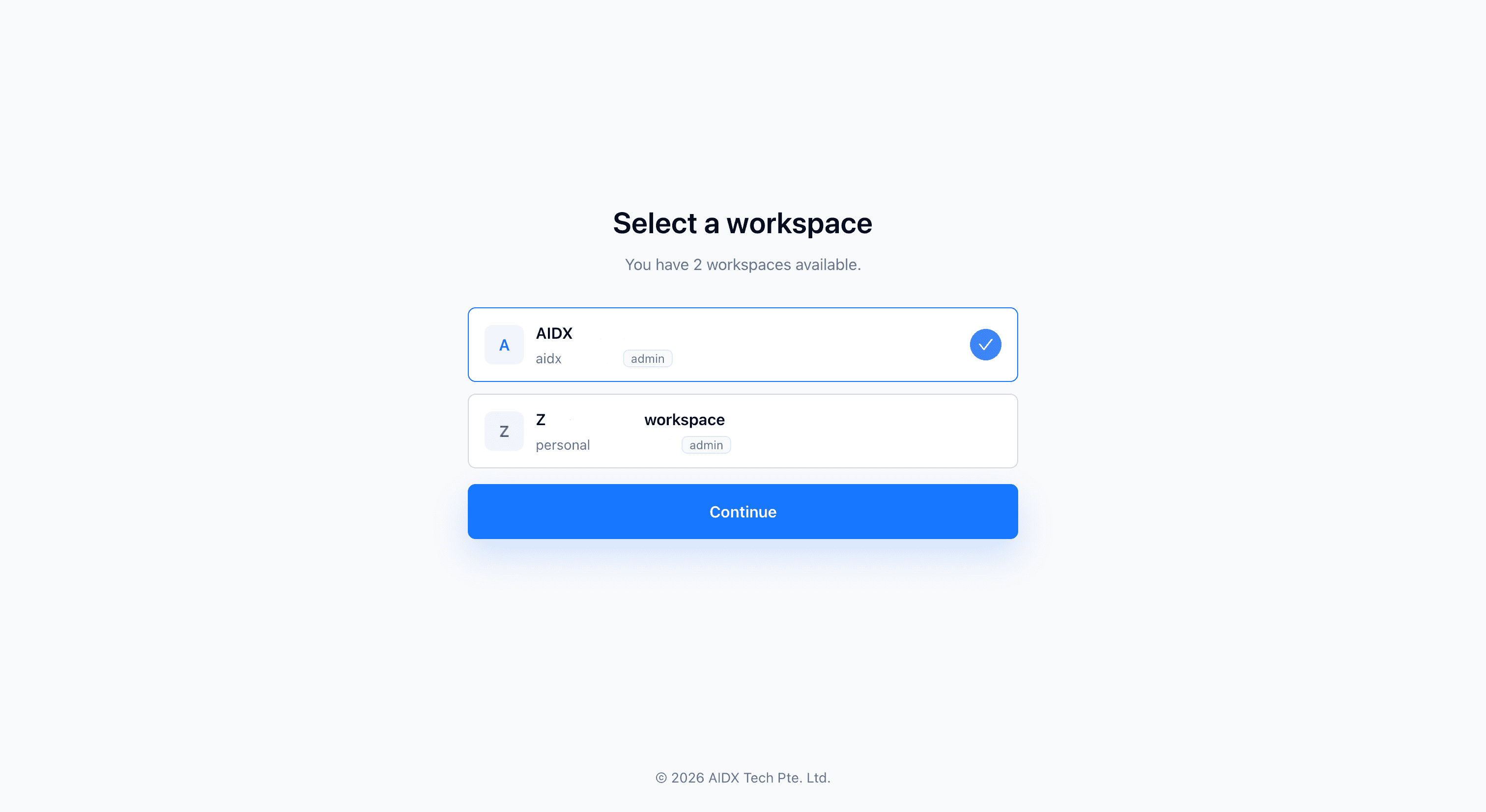 Select a workspace page showing two workspace cards, a selected workspace indicator, role labels, and a Continue button.